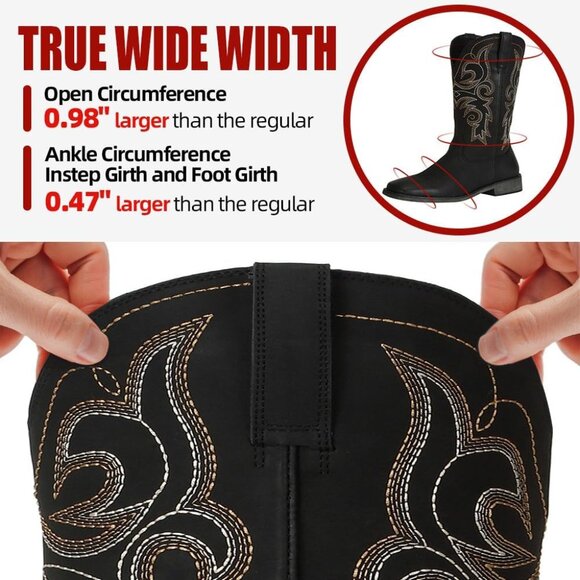 Black Women's Wide Width Cowboy Boots Square Toe Mid Calf Western Cowgirl Boots - Picture 5 of 8